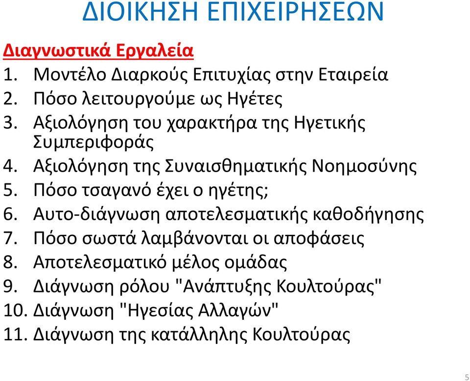 Πόσο τσαγανό έχει ο ηγέτης; 6. Αυτο-διάγνωση αποτελεσματικής καθοδήγησης 7. Πόσο σωστά λαμβάνονται οι αποφάσεις 8.