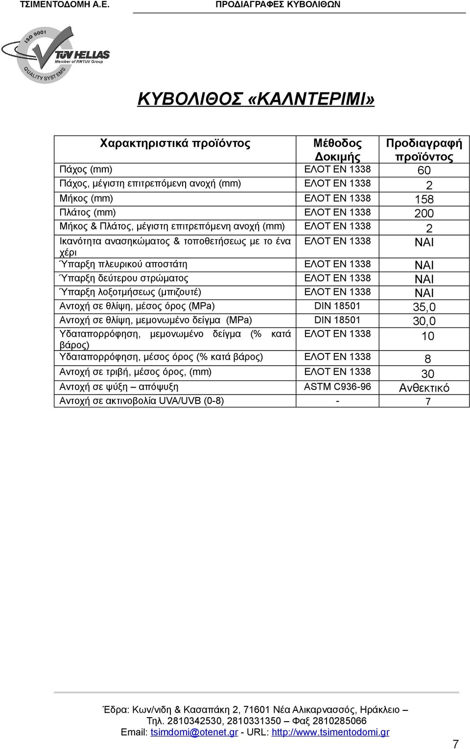 1338 Ύπαρξη δεύτερου στρώματος ΕΛΟΤ ΕΝ 1338 Υδαταπορρόφηση, μέσος