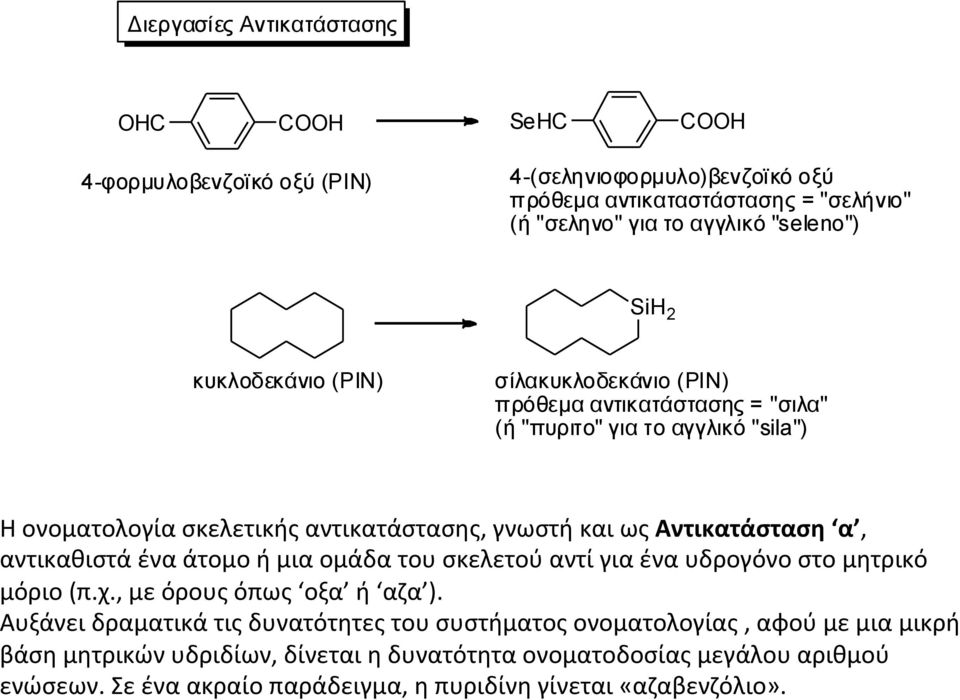 Αντικατάσταση α, αντικαθιστά ένα άτομο ή μια ομάδα του σκελετού αντί για ένα υδρογόνο στο μητρικό μόριο (π.χ., με όρους όπως οξα ή αζα ).