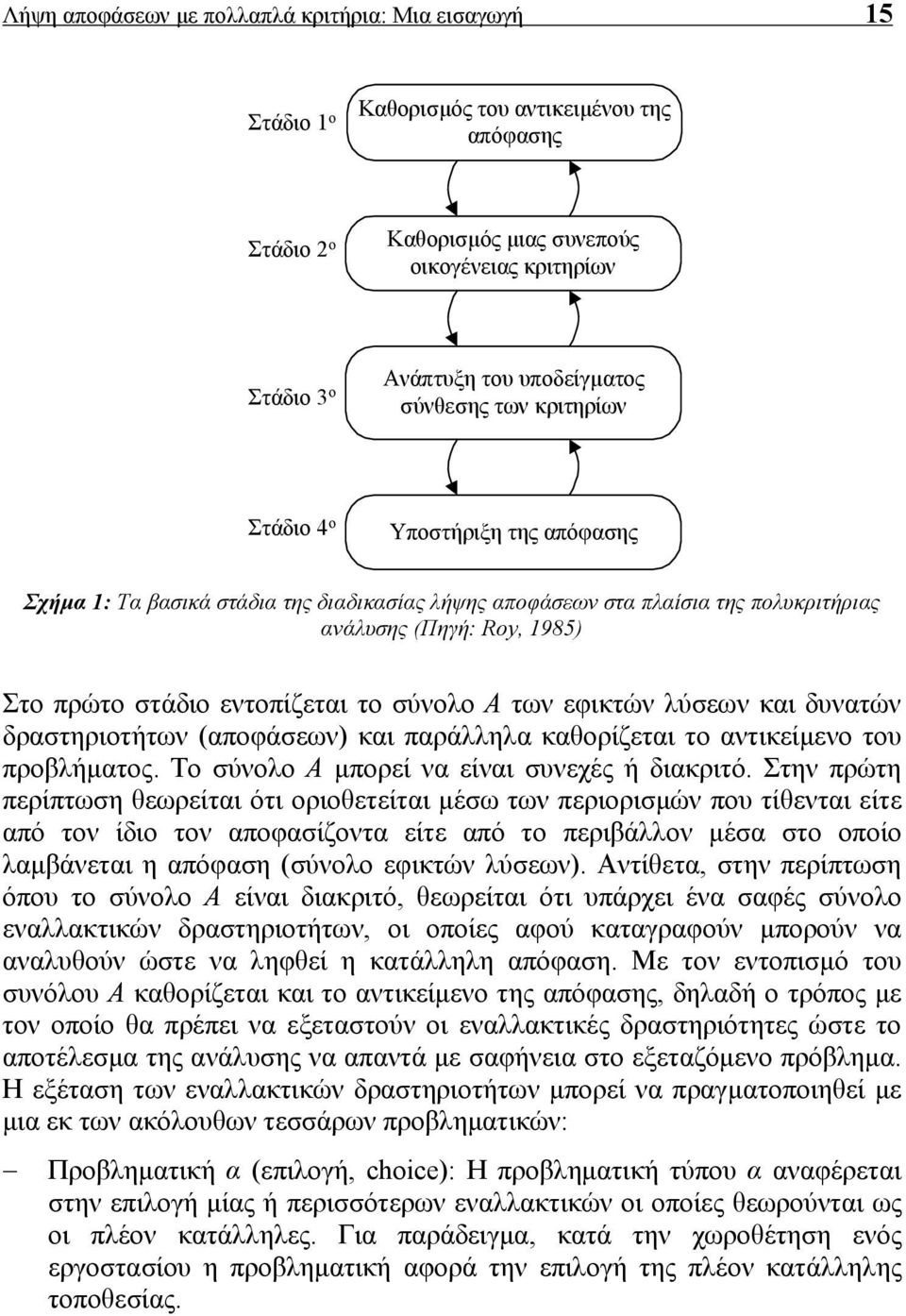 εντοπίζεται το σύνολο Α των εφικτών λύσεων και δυνατών δραστηριοτήτων (αποφάσεων) και παράλληλα καθορίζεται το αντικείμενο του προβλήματος. Tο σύνολο Α μπορεί να είναι συνεχές ή διακριτό.