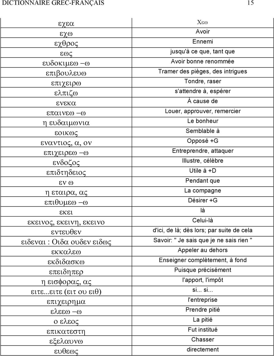 célèbre επιδτηδειος Utile à +D εν ω Pendant que η εταιρα, ας La compagne επιθυµεω ω Désirer +G εκει là εκεινος, εκεινη, εκεινο Celui-là εντευθεν d'ici, de là; dès lors; par suite de cela ειδεναι :