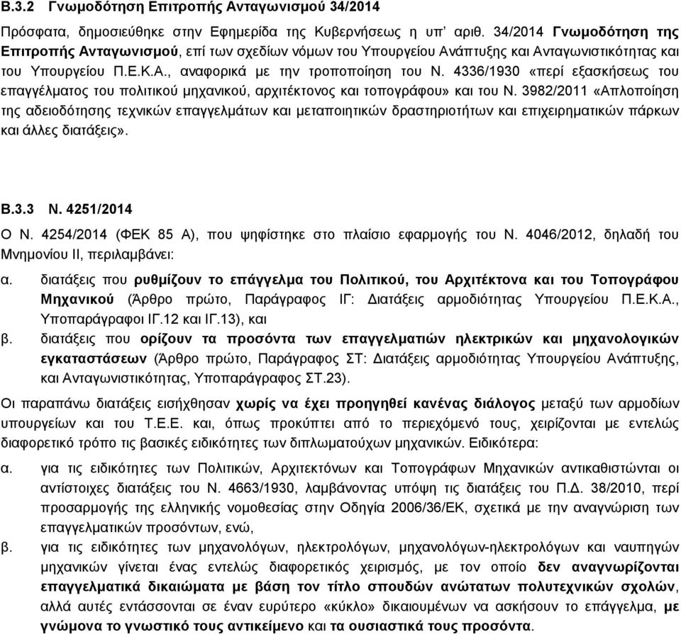 4336/1930 «περί εξασκήσεως του επαγγέλµατος του πολιτικού µηχανικού, αρχιτέκτονος και τοπογράφου» και του Ν.