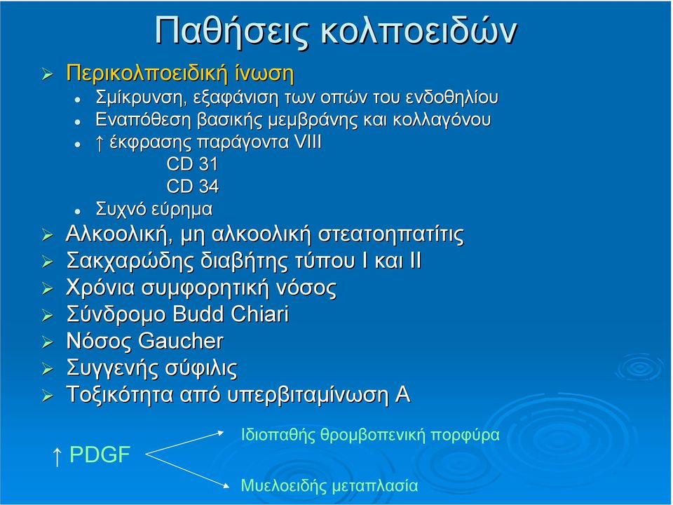 στεατοηπατίτις Σακχαρώδης διαβήτης τύπου Ι και ΙΙ Χρόνια συµφορητική νόσος Σύνδροµο Budd Chiari Νόσος