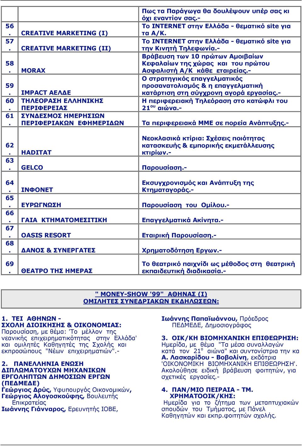 πρώτου Ασφαλιστή Α/Κ κάθε εταιρείας- Ο στρατηγικός επαγγελµατικός προσανατολισµός & η επαγγελµατική κατάρτιση στη σύγχρονη αγορά εργασίας- Η περιφερειακή Τηλεόραση στο κατώφλι του 21 ου αιώνα- Τα