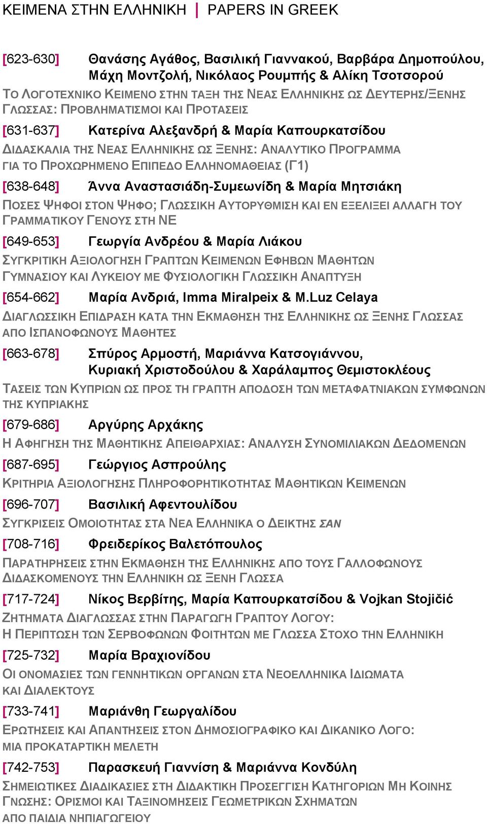 ΕΠΙΠΕΔΟ ΕΛΛΗΝΟΜΑΘΕΙΑΣ (Γ1) [638-648] Άννα Αναστασιάδη-Συμεωνίδη & Μαρία Μητσιάκη ΠΟΣΕΣ ΨΗΦΟΙ ΣΤΟΝ ΨΗΦΟ; ΓΛΩΣΣΙΚΗ ΑΥΤΟΡΥΘΜΙΣΗ ΚΑΙ ΕΝ ΕΞΕΛΙΞΕΙ ΑΛΛΑΓΗ ΤΟΥ ΓΡΑΜΜΑΤΙΚΟΥ ΓΕΝΟΥΣ ΣΤΗ ΝΕ [649-653] Γεωργία