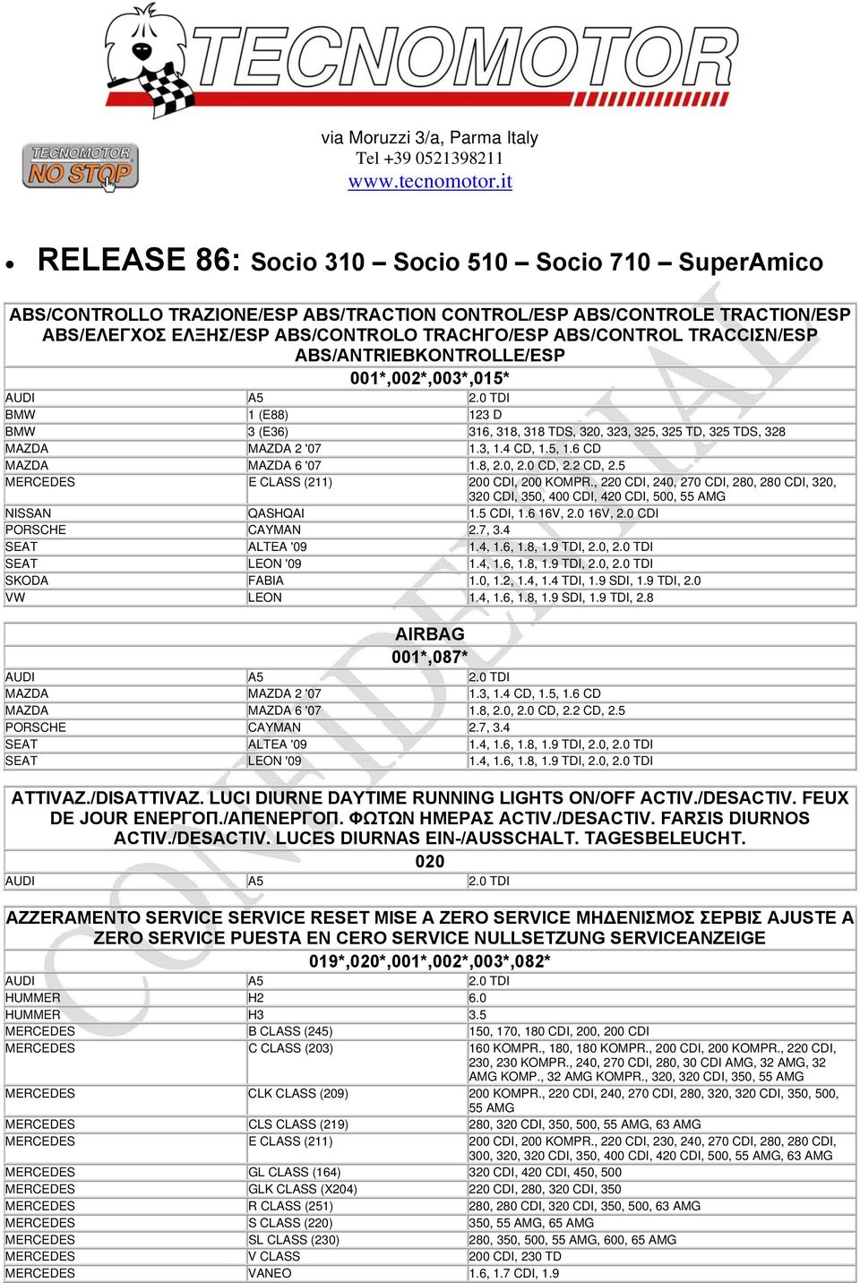 TRACCIΣN/ESP ABS/ANTRIEBKONTROLLE/ESP 001*,002*,003*,015* BMW 1 (E88) 123 D BMW 3 (E36) 316, 318, 318 TDS, 320, 323, 325, 325 TD, 325 TDS, 328 MAZDA MAZDA 2 '07 1.3, 1.4 CD, 1.5, 1.