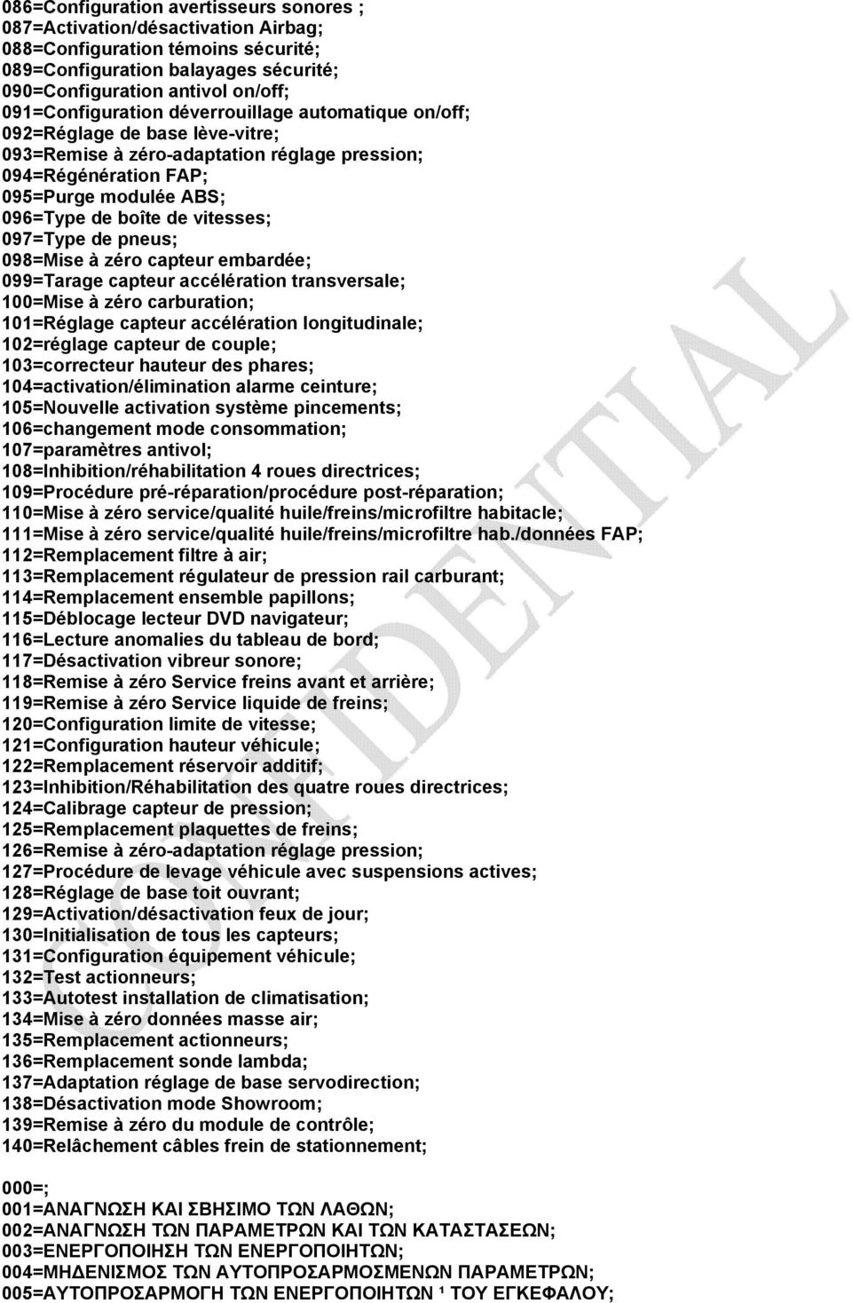 vitesses; 097=Type de pneus; 098=Mise à zéro capteur embardée; 099=Tarage capteur accélération transversale; 100=Mise à zéro carburation; 101=Réglage capteur accélération longitudinale; 102=réglage