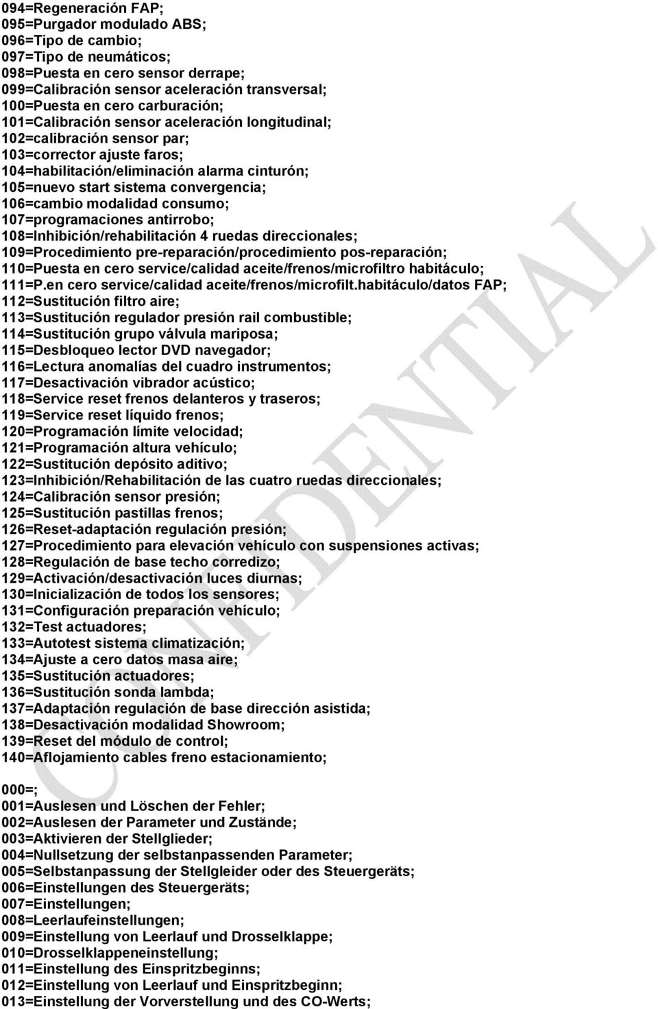 convergencia; 106=cambio modalidad consumo; 107=programaciones antirrobo; 108=Inhibición/rehabilitación 4 ruedas direccionales; 109=Procedimiento pre-reparación/procedimiento pos-reparación;