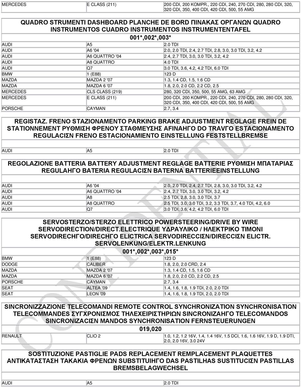 INSTRUMENTENTAFEL 001*,002*,003* AUDI A6 '04 2.0, 2.0 TDI, 2.4, 2.7 TDI, 2.8, 3.0, 3.0 TDI, 3.2, 4.2 AUDI A6 QUATTRO '04 2.4, 2.7 TDI, 3.0, 3.0 TDI, 3.2, 4.2 AUDI A8 QUATTRO 4.0 TDI AUDI Q7 3.