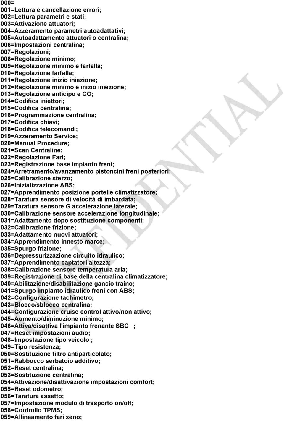 iniezione; 013=Regolazione anticipo e CO; 014=Codifica iniettori; 015=Codifica centralina; 016=Programmazione centralina; 017=Codifica chiavi; 018=Codifica telecomandi; 019=Azzeramento Service;