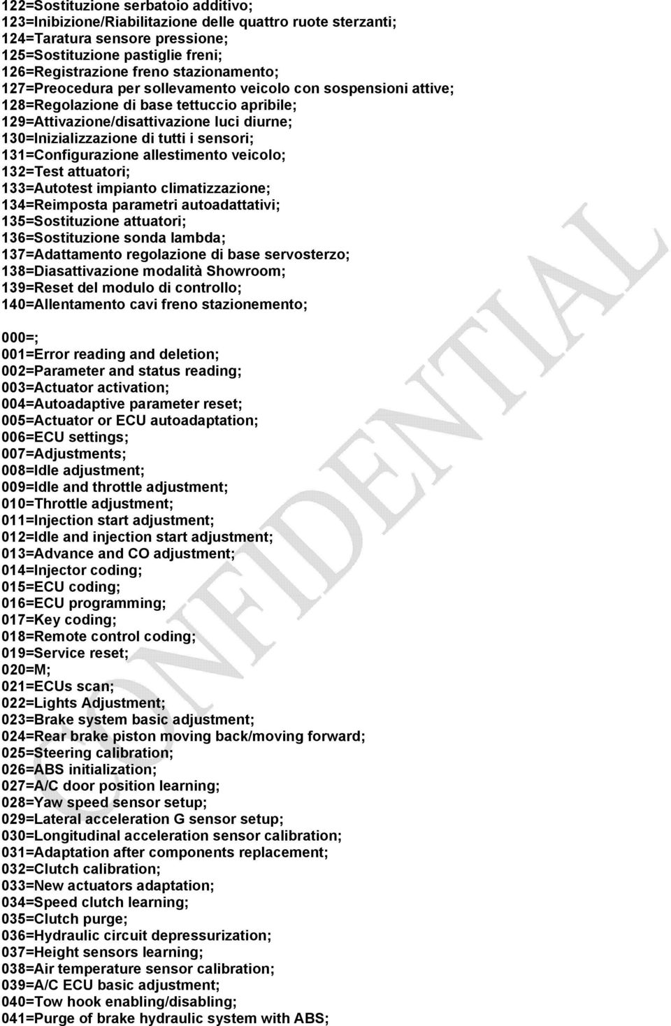 sensori; 131=Configurazione allestimento veicolo; 132=Test attuatori; 133=Autotest impianto climatizzazione; 134=Reimposta parametri autoadattativi; 135=Sostituzione attuatori; 136=Sostituzione sonda