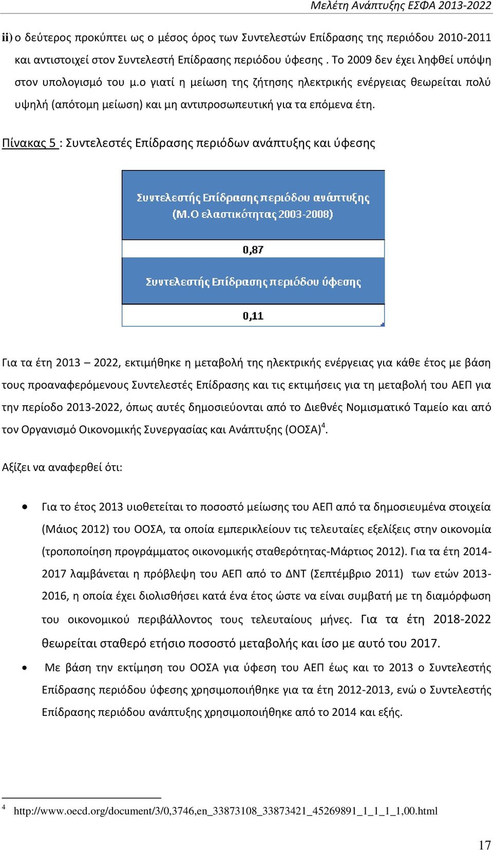 Πίνακας 5 : Συντελεστές Επίδρασης περιόδων ανάπτυξης και ύφεσης Για τα έτη 2013 2022, εκτιμήθηκε η μεταβολή της ηλεκτρικής ενέργειας για κάθε έτος με βάση τους προαναφερόμενους Συντελεστές Επίδρασης