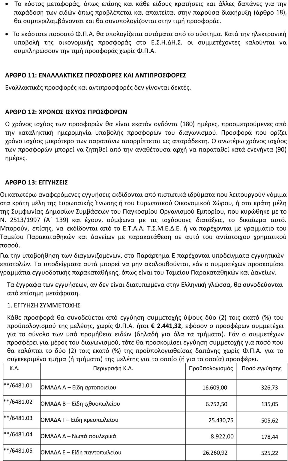 Η.ΔΗ.Σ. οι συμμετέχοντες καλούνται να συμπληρώσουν την τιμή προσφοράς χωρίς Φ.Π.Α. ΑΡΘΡΟ 11: ΕΝΑΛΛΑΚΤΙΚΕΣ ΠΡΟΣΦΟΡΕΣ ΚΑΙ ΑΝΤΙΠΡΟΣΦΟΡΕΣ Εναλλακτικές προσφορές και αντιπροσφορές δεν γίνονται δεκτές.