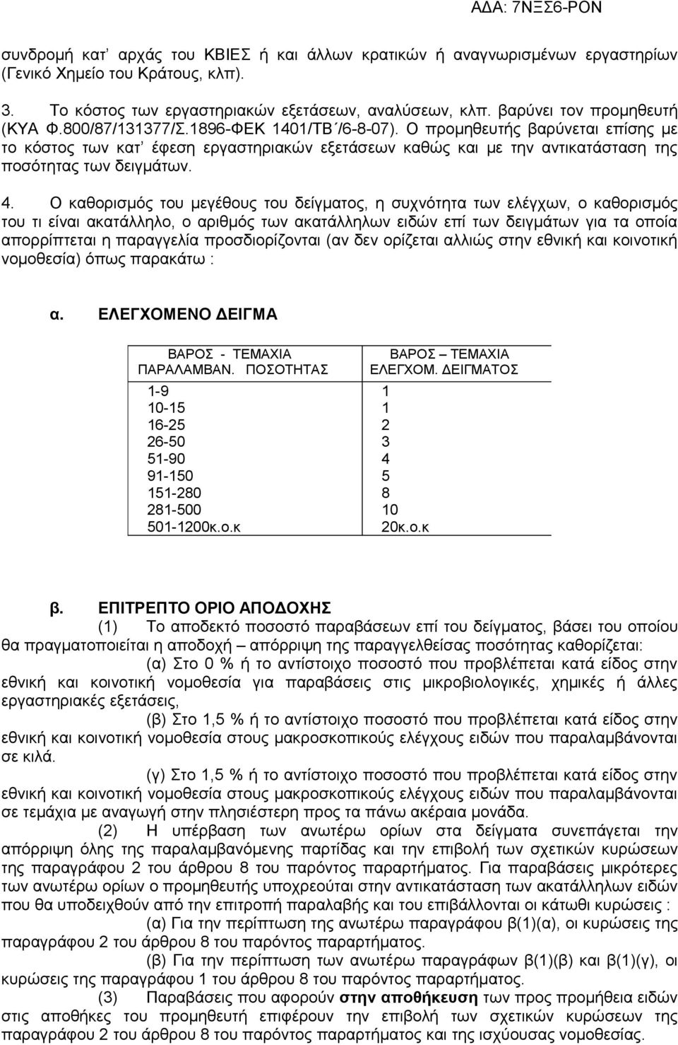 Ο προμηθευτής βαρύνεται επίσης με το κόστος των κατ έφεση εργαστηριακών εξετάσεων καθώς και με την αντικατάσταση της ποσότητας των δειγμάτων. 4.