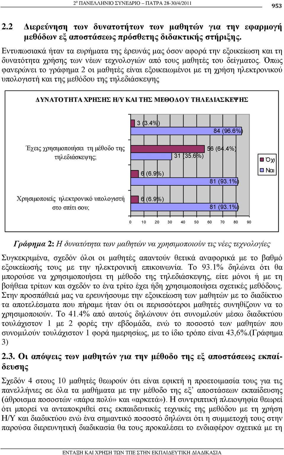 Όπσο θαλεξώλεη ην γξάθεκα 2 νη καζεηέο είλαη εμνηθεησκέλνη κε ηε ρξήζε ειεθηξνληθνύ ππνινγηζηή θαη ηεο κεζόδνπ ηεο ηειεδηάζθεςεο ΓΤΝΑΣΟΣΗΣΑ ΥΡΗΗ Η/Τ ΚΑΙ ΣΗ ΜΔΘΟΓΟΤ ΣΗΛΔΓΙΑΚΔΦΗ 3 (3.4%) 84 (96.