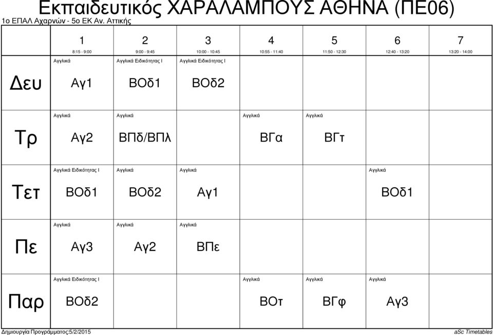 ΒΟδ Αγγλικά Αγγλικά Αγγλικά Αγγλικά Αγ ΒΠδ/ΒΠλ Αγγλικά Ειδικότητας Ι Αγγλικά Αγγλικά