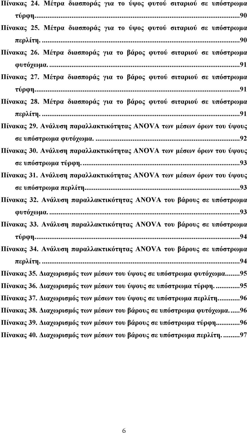 Μέτρα διασποράς για το βάρος φυτού σιταριού σε υπόστρωμα περλίτη...91 Πίνακας 29. Ανάλυση παραλλακτικότητας ΑNOVA των μέσων όρων του ύψους σε υπόστρωμα φυτόχωμα...92 Πίνακας 30.