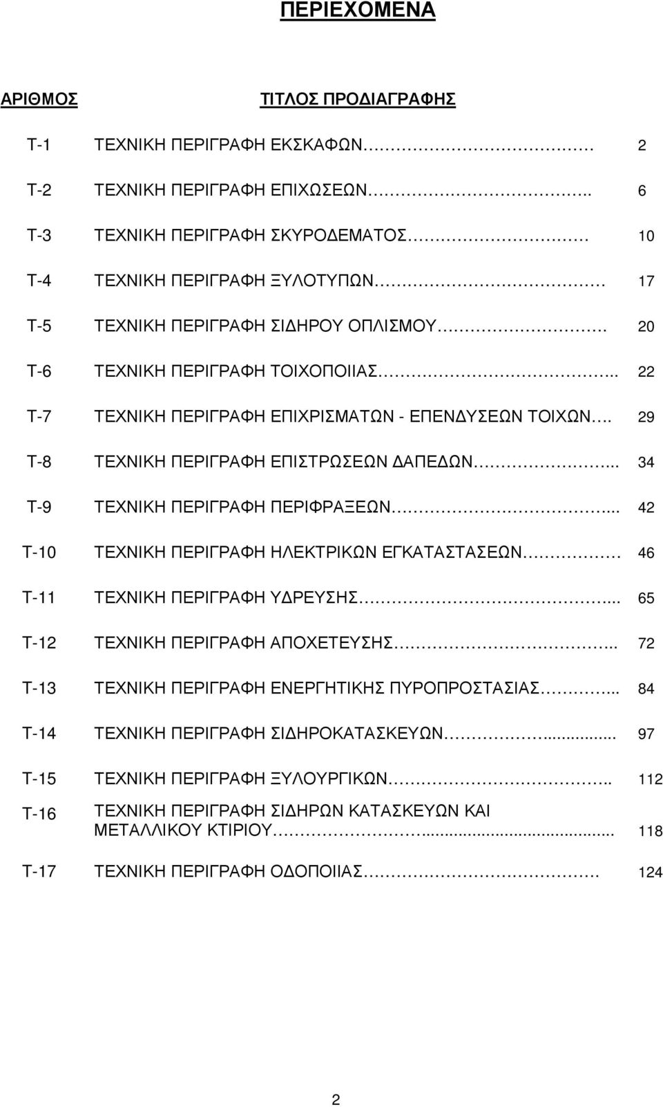 . 22 T-7 ΤΕΧΝΙΚΗ ΠΕΡΙΓΡΑΦΗ ΕΠΙΧΡΙΣΜΑΤΩΝ - ΕΠΕΝ ΥΣΕΩΝ ΤΟΙΧΩΝ. 29 T-8 ΤΕΧΝΙΚΗ ΠΕΡΙΓΡΑΦΗ ΕΠΙΣΤΡΩΣΕΩΝ ΑΠΕ ΩΝ... 34 T-9 ΤΕΧΝΙΚΗ ΠΕΡΙΓΡΑΦΗ ΠΕΡΙΦΡΑΞΕΩΝ.