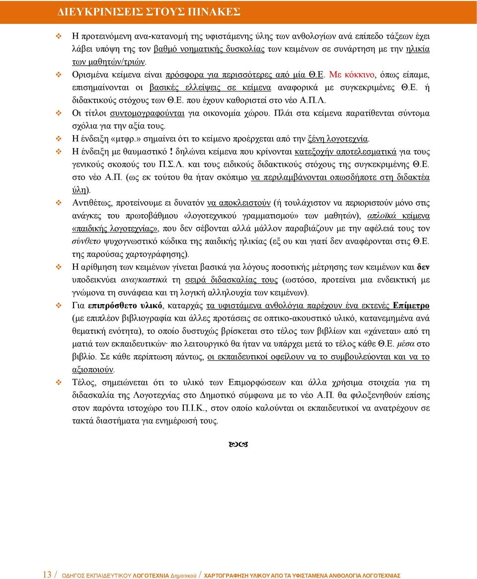 Ε. που έχουν καθοριστεί στο νέο Α.Π.Λ. Οι τίτλοι συντομογραφούνται για οικονομία χώρου. Πλάι στα κείμενα παρατίθενται σύντομα σχόλια για την αξία τους. Η ένδειξη «μτφρ.