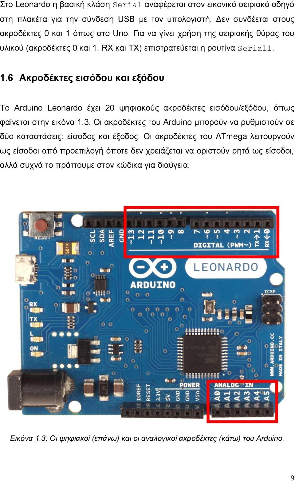 RX και TX) επιστρατεύεται η ρουτίνα Serial1. 1.6 Ακροδέκτες εισόδου και εξόδου Το Arduino Leonardo έχει 20 ψηφιακούς ακροδέκτες εισόδου/εξόδου, όπως φαίνεται στην εικόνα 1.3.