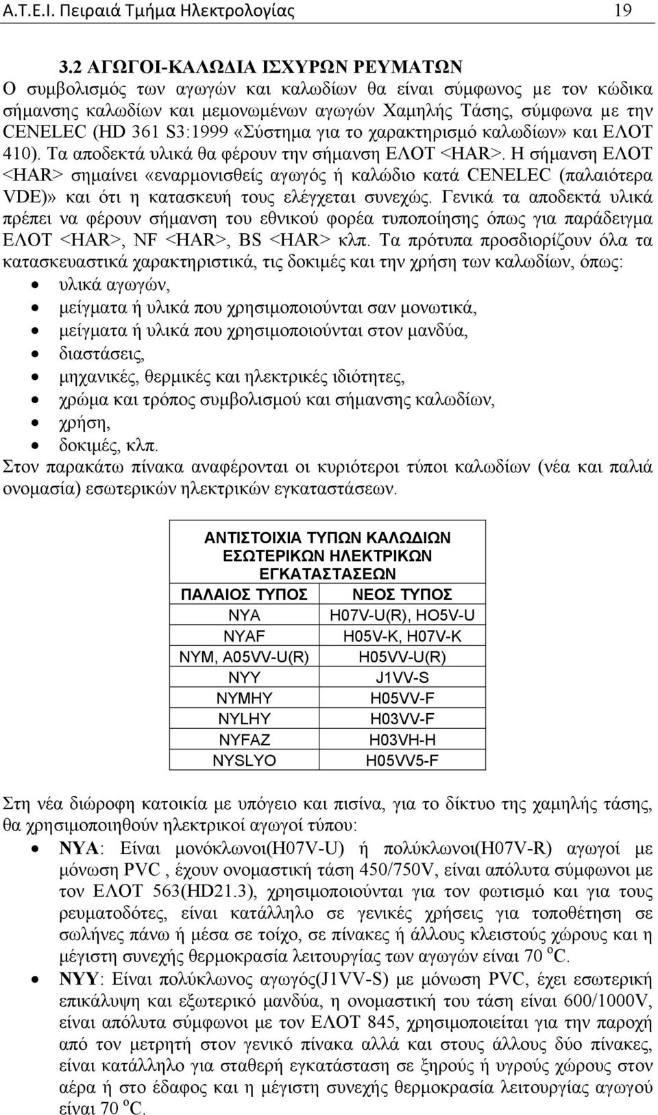 «Σύστημα για το χαρακτηρισμό καλωδίων» και ΕΛΟΤ 410). Τα αποδεκτά υλικά θα φέρουν την σήμανση ΕΛΟΤ <HAR>.