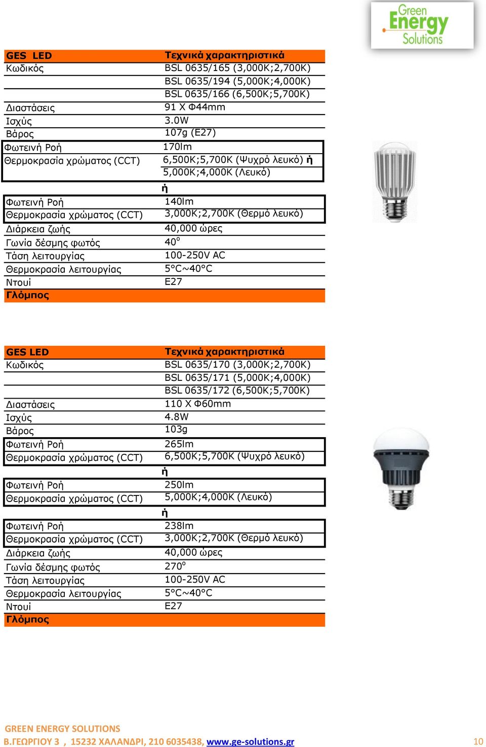 100-250V AC 5 C~40 C E27 BSL 0635/170 (3,000K;2,700K) BSL 0635/171 (5,000K;4,000K) BSL 0635/172 (6,500K;5,700K) 110 X Φ60mm 4.