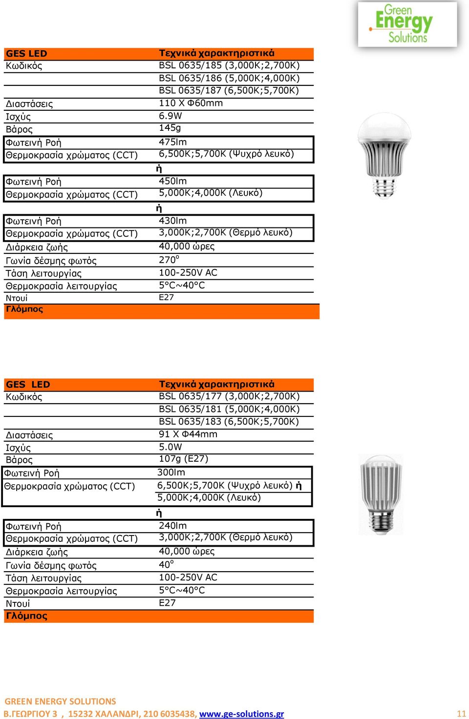 100-250V AC 5 C~40 C E27 BSL 0635/177 (3,000K;2,700K) BSL 0635/181 (5,000K;4,000K) BSL 0635/183 (6,500K;5,700K) 91 X Φ44mm 5.