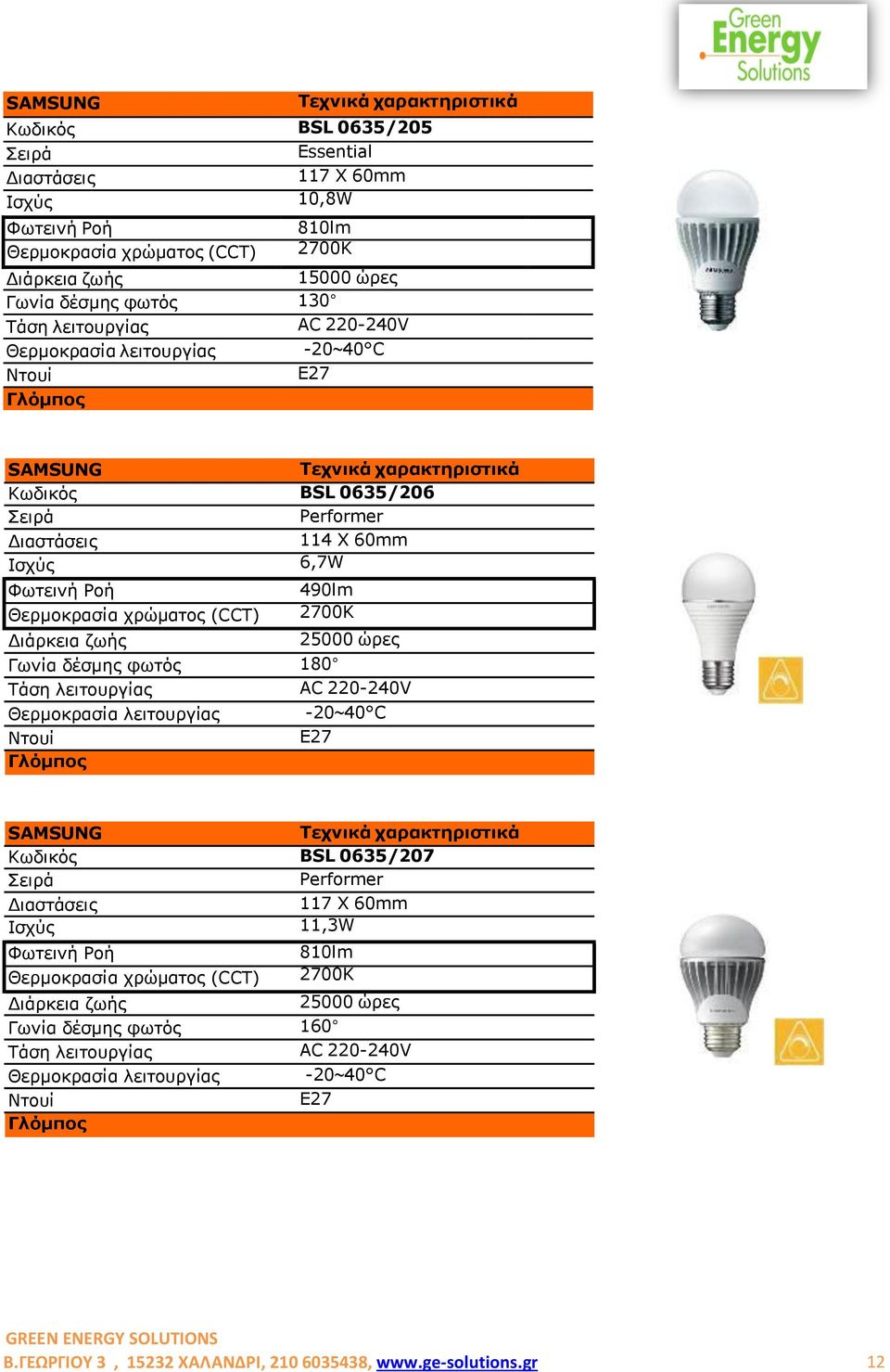 δέσµης φωτός 180 AC 220-240V E27 Γλόµπος SAMSUNG BSL 0635/207 Σειρά Performer 117 X 60mm 11,3W 810lm 2700K