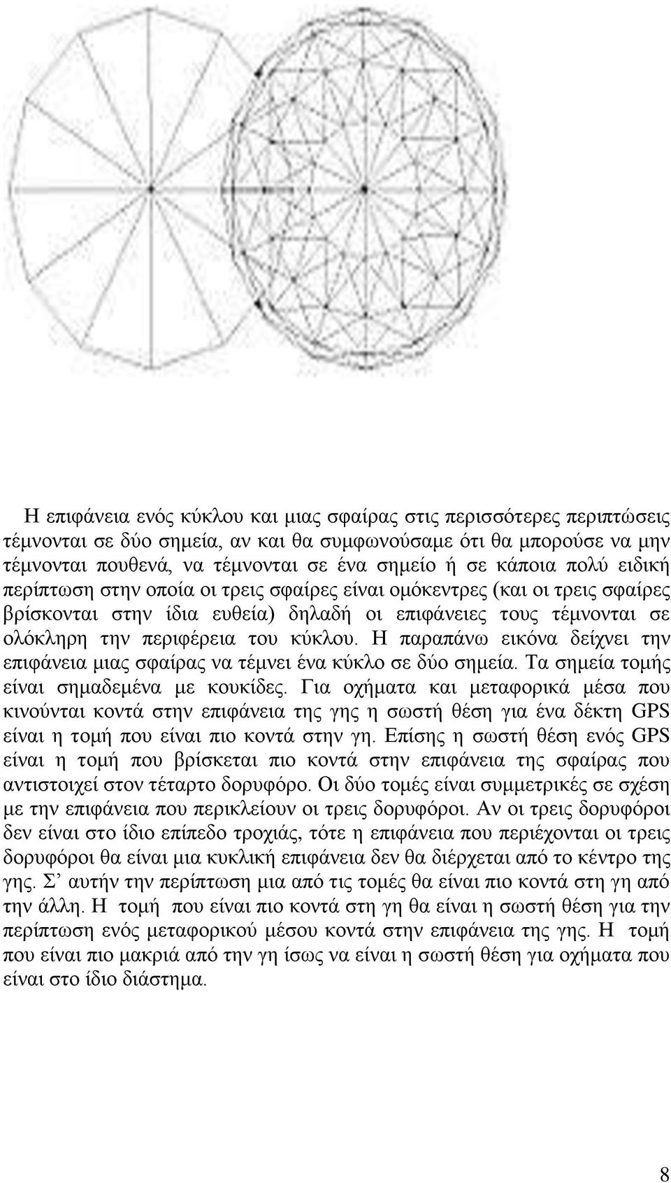 Η παραπάνω εικόνα δείχνει την επιφάνεια μιας σφαίρας να τέμνει ένα κύκλο σε δύο σημεία. Τα σημεία τομής είναι σημαδεμένα με κουκίδες.