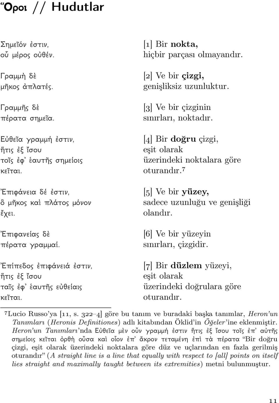 7 Επιφάνειαδέἐστιν, ὃ μῆκος καὶ πλάτος μόνον ἔχει. Επιφανείαςδὲ πέραταγραμμαί. Επίπεδος ἐπιφάνειά ἐστιν, ἥτις ἐξ ἴσου ταῖς ἐφ ἑαυτῆς εὐθείαις κεῖται.