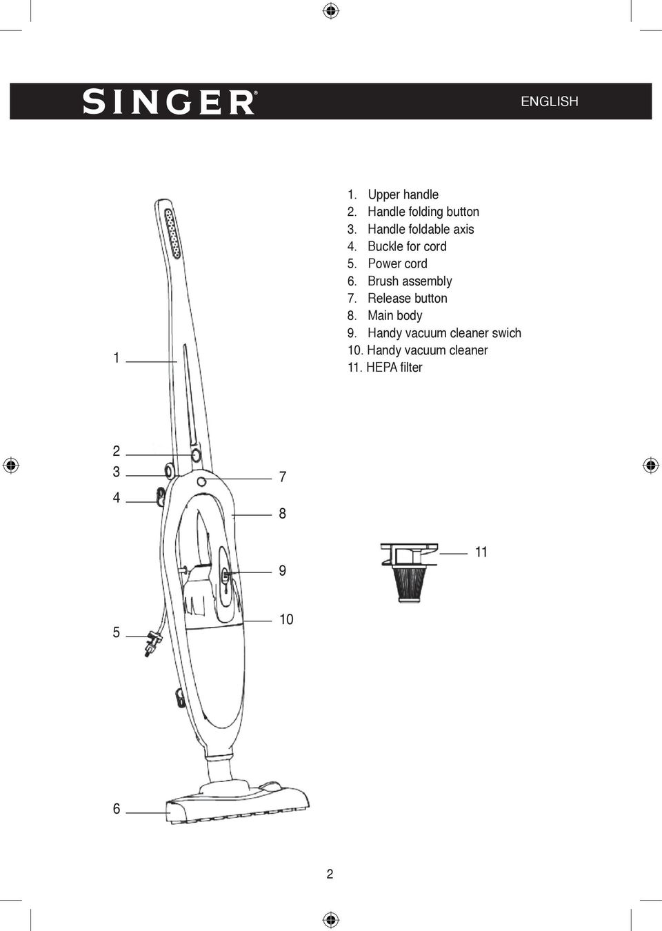 Brush assembly 7. Release button 8. Main body 9.