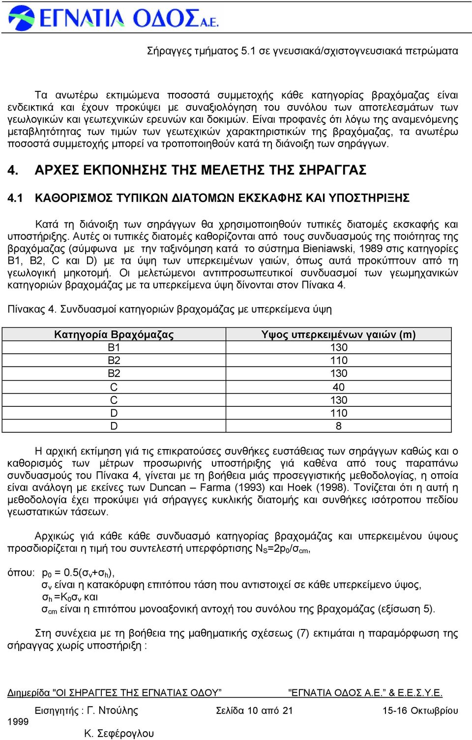 Είναι προφανές ότι λόγω της αναμενόμενης μεταβλητότητας των τιμών των γεωτεχικών χαρακτηριστικών της βραχόμαζας, τα ανωτέρω ποσοστά συμμετοχής μπορεί να τροποποιηθούν κατά τη διάνοιξη των σηράγγων. 4.