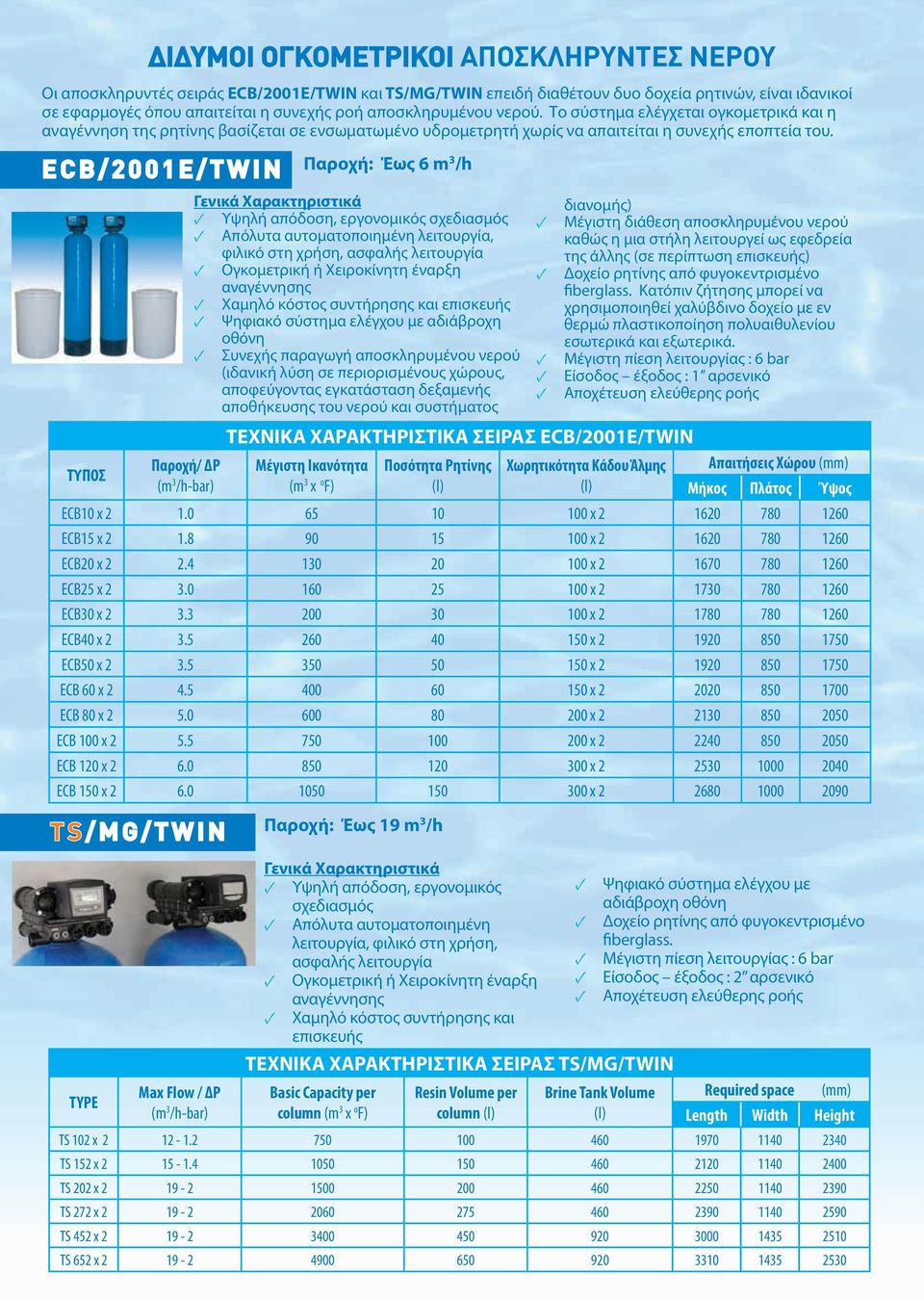 ECB/2001E/TWIN Παροχή: Έως 6 m 3 /h Απόλυτα αυτοματοποιημένη λειτουργία, φιλικό στη χρήση, ασφαλής λειτουργία Ογκομετρική ή Χειροκίνητη έναρξη αναγέννησης Χαμηλό κόστος συντήρησης και επισκευής