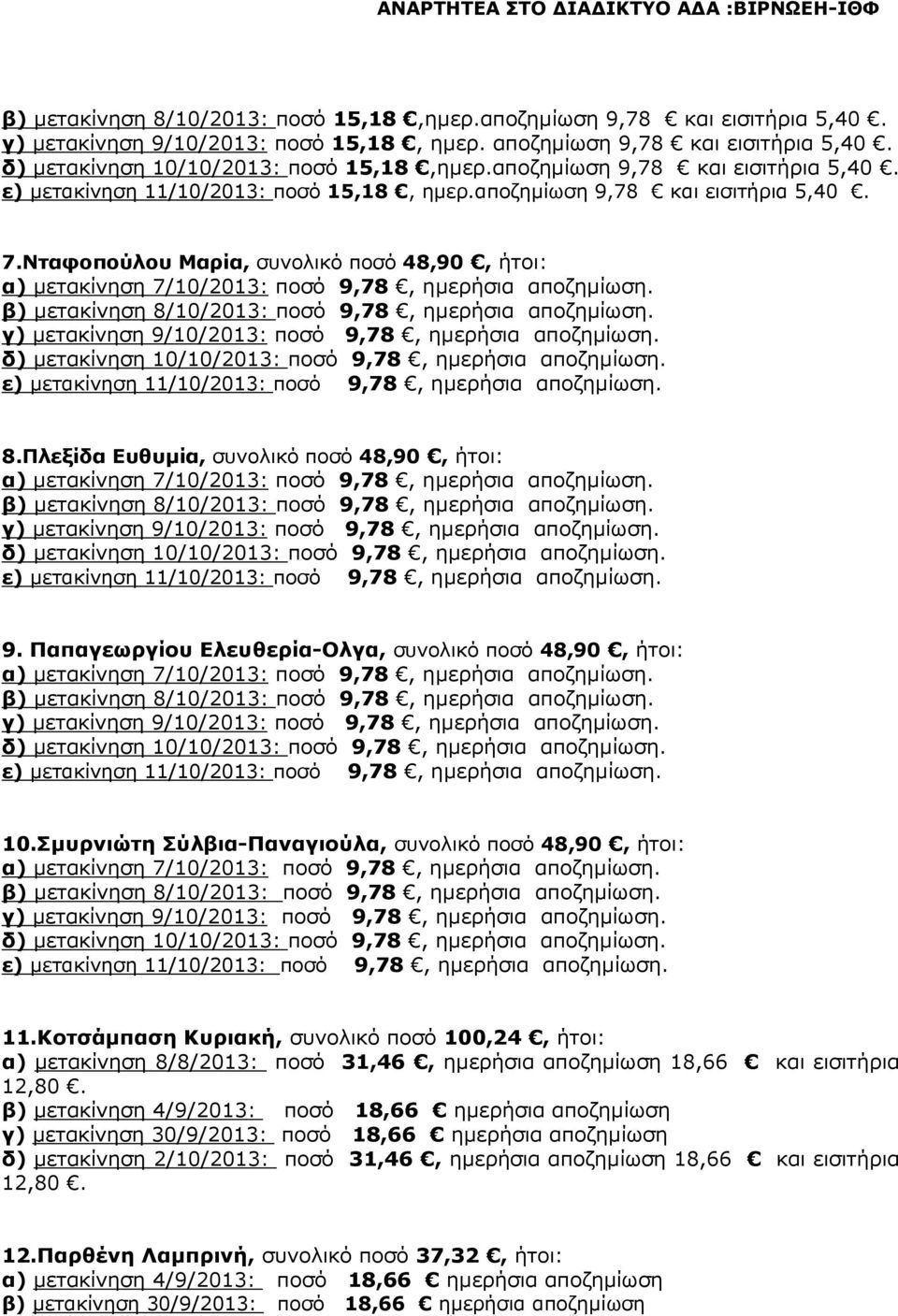 Νταφοπούλου Μαρία, συνολικό ποσό 48,90, ήτοι: α) µετακίνηση 7/10/2013: ποσό 9,78, ηµερήσια αποζηµίωση. β) µετακίνηση 8/10/2013: ποσό 9,78, ηµερήσια αποζηµίωση.