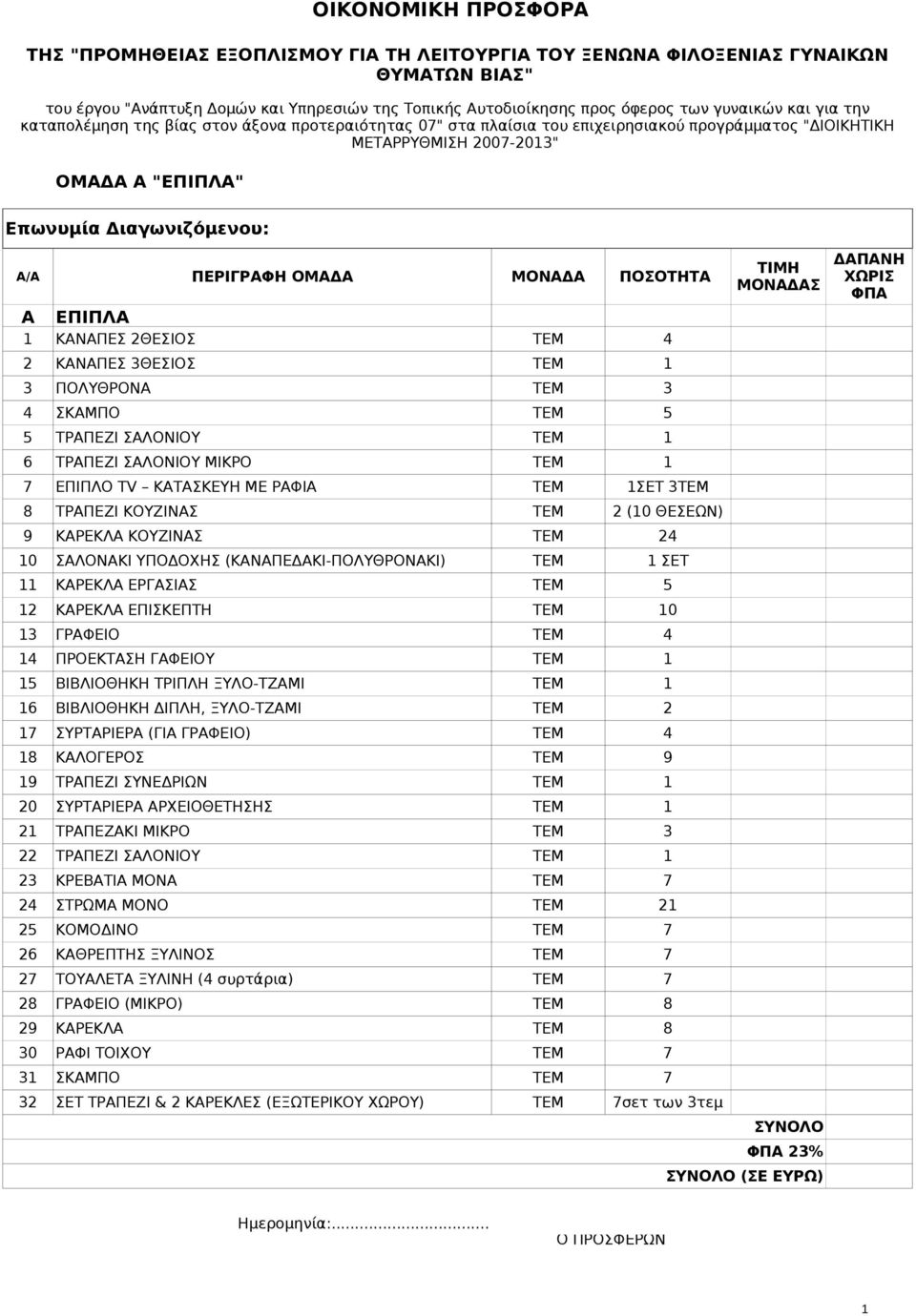 ΤΕΜ 10 13 ΓΡΑΦΕΙΟ ΤΕΜ 4 14 ΠΡΟΕΚΤΑΣΗ ΓΑΦΕΙΟΥ ΤΕΜ 1 15 ΒΙΒΛΙΟΘΗΚΗ ΤΡΙΠΛΗ ΞΥΛΟ-ΤΖΑΜΙ ΤΕΜ 1 16 ΒΙΒΛΙΟΘΗΚΗ ΔΙΠΛΗ, ΞΥΛΟ-ΤΖΑΜΙ ΤΕΜ 2 17 ΣΥΡΤΑΡΙΕΡΑ (ΓΙΑ ΓΡΑΦΕΙΟ) ΤΕΜ 4 18 ΚΑΛΟΓΕΡΟΣ ΤΕΜ 9 19 ΤΡΑΠΕΖΙ