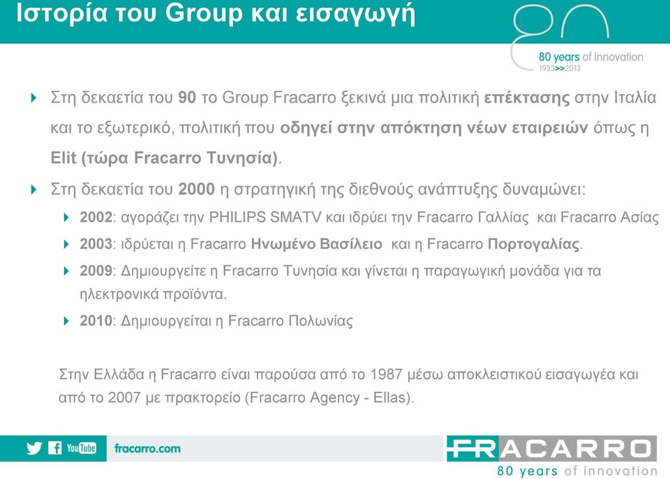 Στη δεκαετία του 2000 η στρατηγική της διεθνούς ανάπτυξης δυναμώνει: 2002: αγοράζει την PHILIPS SMATV και ιδρύει την Fracarro Γαλλίας και Fracarro Ασίας 2003: ιδρύεται η