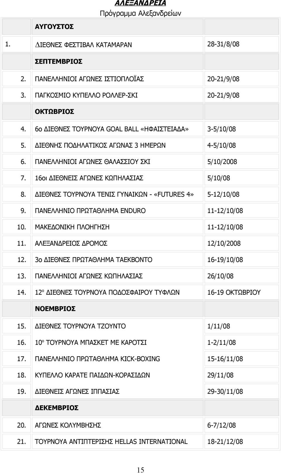 ΔΙΕΘΝΕΣ ΤΟΥΡΝΟΥΑ ΤΕΝΙΣ ΓΥΝΑΙΚΩΝ - «FUTURES 4» 5-12/10/08 9. ΠΑΝΕΛΛΗΝΙΟ ΠΡΩΤΑΘΛΗΜΑ ENDURO 11-12/10/08 10. ΜΑΚΕΔΟΝΙΚΗ ΠΛΟΗΓΗΣΗ 11-12/10/08 11. ΑΛΕΞΑΝΔΡΕΙΟΣ ΔΡΟΜΟΣ 12/10/2008 12.