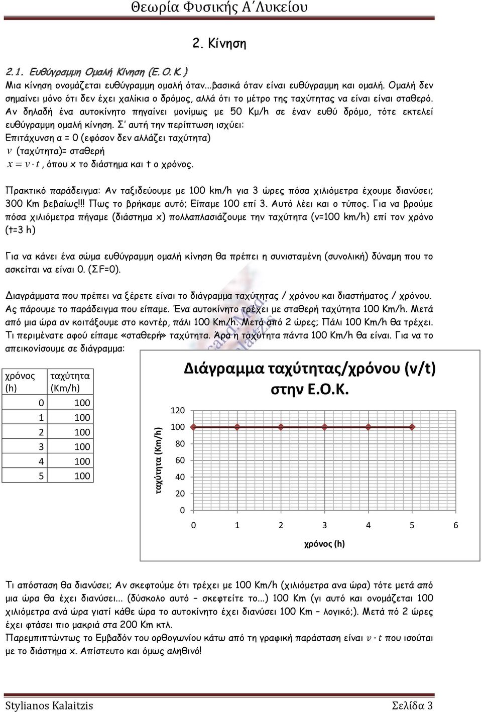 Αν δηλαδή ένα αυτοκίνητο πηγαίνει μονίμως με 50 Κμ/h σε έναν ευθύ δρόμο, τότε εκτελεί ευθύγραμμη ομαλή κίνηση.