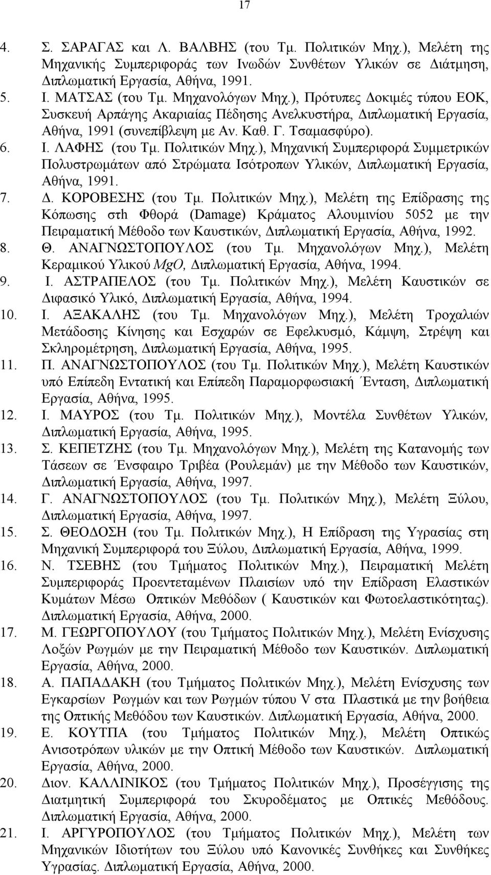 Πολιτικών Μηχ.), Μηχανική Συμπεριφορά Συμμετρικών Πολυστρωμάτων από Στρώματα Ισότροπων Υλικών, Διπλωματική Εργασία, Αθήνα, 1991. 7. Δ. ΚΟΡΟΒΕΣΗΣ (του Τμ. Πολιτικών Μηχ.