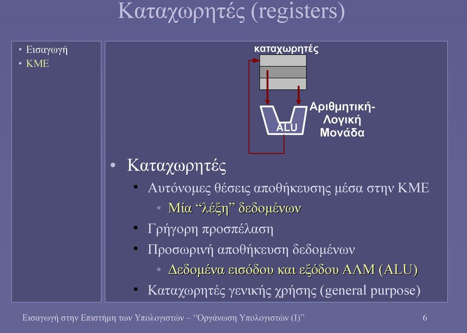 Προσωρινή αποθήκευση δεδομένων Δεδομένα εισόδου και εξόδου ΑΛΜ (ALU)( Καταχωρητές