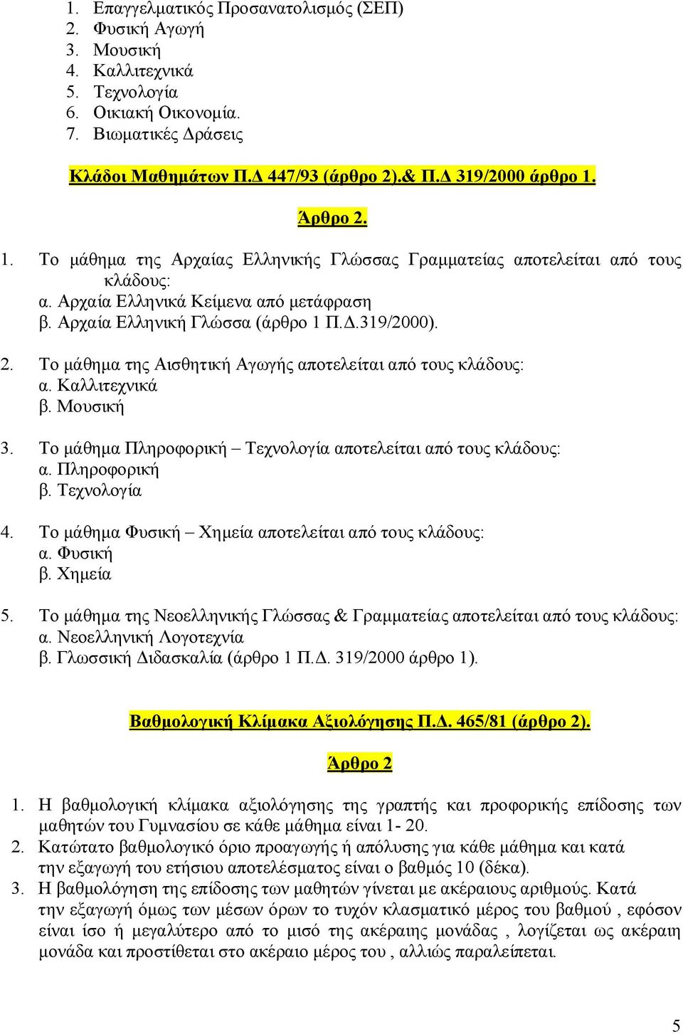 2. Το μάθημα της Αισθητική Αγωγής αποτελείται από τους κλάδους: α. Καλλιτεχνικά β. Μουσική 3. Το μάθημα Πληροφορική Τεχνολογία αποτελείται από τους κλάδους: α. Πληροφορική β. Τεχνολογία 4.