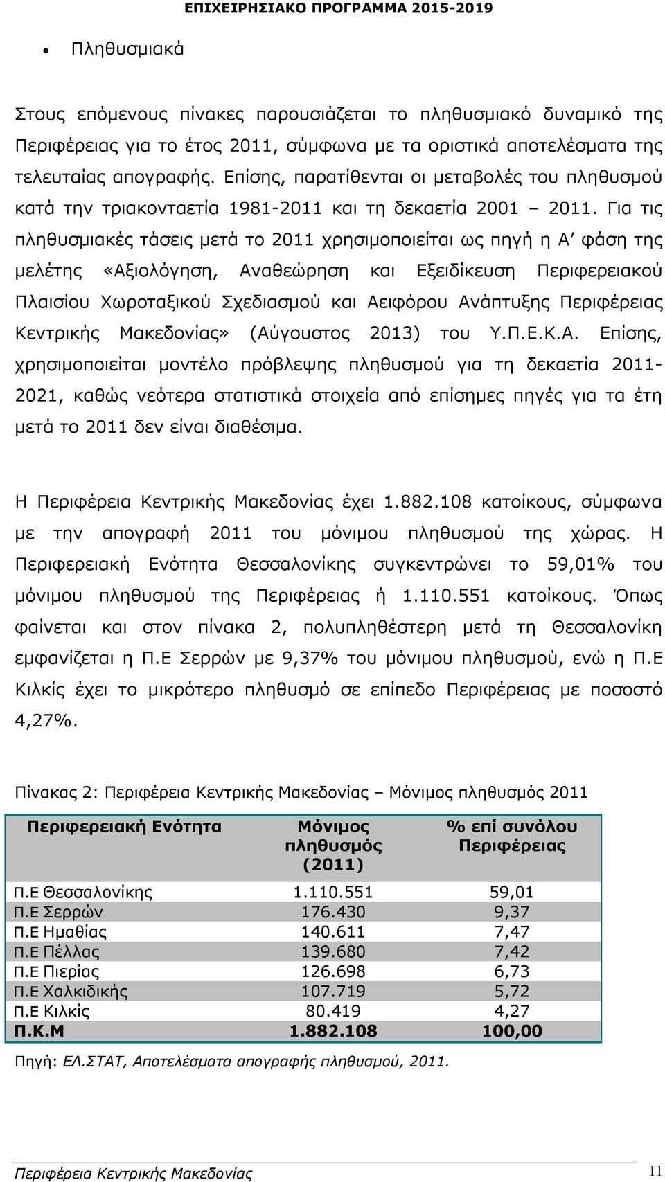 Για τις πληθυσμιακές τάσεις μετά το 2011 χρησιμοποιείται ως πηγή η Α φάση της μελέτης «Αξιολόγηση, Αναθεώρηση και Εξειδίκευση Περιφερειακού Πλαισίου Χωροταξικού Σχεδιασμού και Αειφόρου Ανάπτυξης