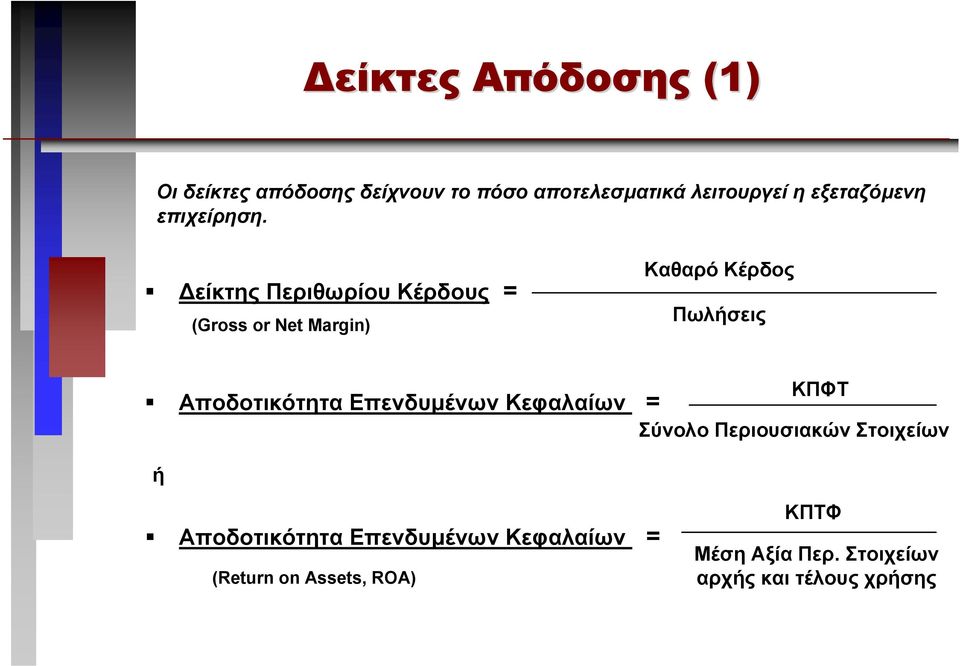 είκτης Περιθωρίου Κέρδους (Gross or Net Margin) Καθαρό Κέρδος Πωλήσεις ΚΠΦΤ Αποδοτικότητα
