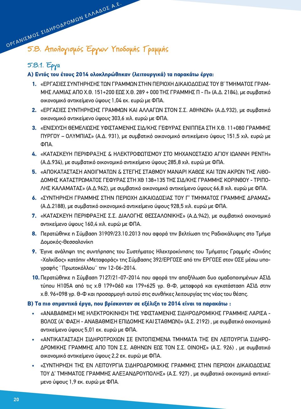 ευρώ με ΦΠΑ. 2. «ΕΡΓΑΣΙΕΣ ΣΥΝΤΗΡΗΣΗΣ ΓΡΑΜΜΩΝ ΚΑΙ ΑΛΛΑΓΩΝ ΣΤΟΝ Σ.Σ. ΑΘΗΝΩΝ» (Α.Δ.932), με συμβατικό οικονομικό αντικείμενο ύψους 303,6 χιλ. ευρώ με ΦΠΑ. 3. «ΕΝΙΣΧΥΣΗ ΘΕΜΕΛΙΩΣΗΣ ΥΦΙΣΤΑΜΕΝΗΣ ΣΙΔ/ΚΗΣ ΓΕΦΥΡΑΣ ΕΝΙΠΠΕΑ ΣΤΗ Χ.