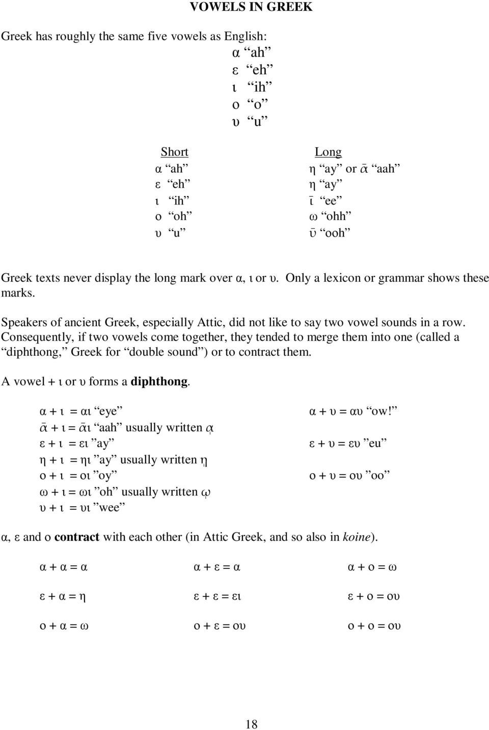 Consequently, if two vowels come together, they tended to merge them into one (called a diphthong, Greek for double sound ) or to contract them. A vowel + ι or υ forms a diphthong.