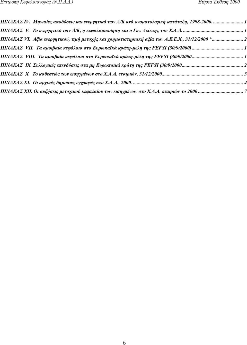 Τα αµοιβαία κεφάλαια στα Ευρωπαϊκά κράτη-µέλη της FEFSI (30/9/2000... 1 ΠΙΝΑΚΑΣ IX. Συλλογικές επενδύσεις στα µη Ευρωπαϊκά κράτη της FEFSI (30/9/2000... 2 ΠΙΝΑΚΑΣ X.