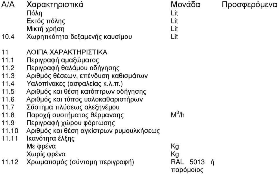 5 Αριθµός και θέση κατόπτρων οδήγησης 11.6 Αριθµός και τύπος υαλοκαθαριστήρων 11.7 Σύστηµα πλύσεως αλεξηνέµου 11.8 Παροχή συστήµατος θέρµανσης M 3 /h 11.