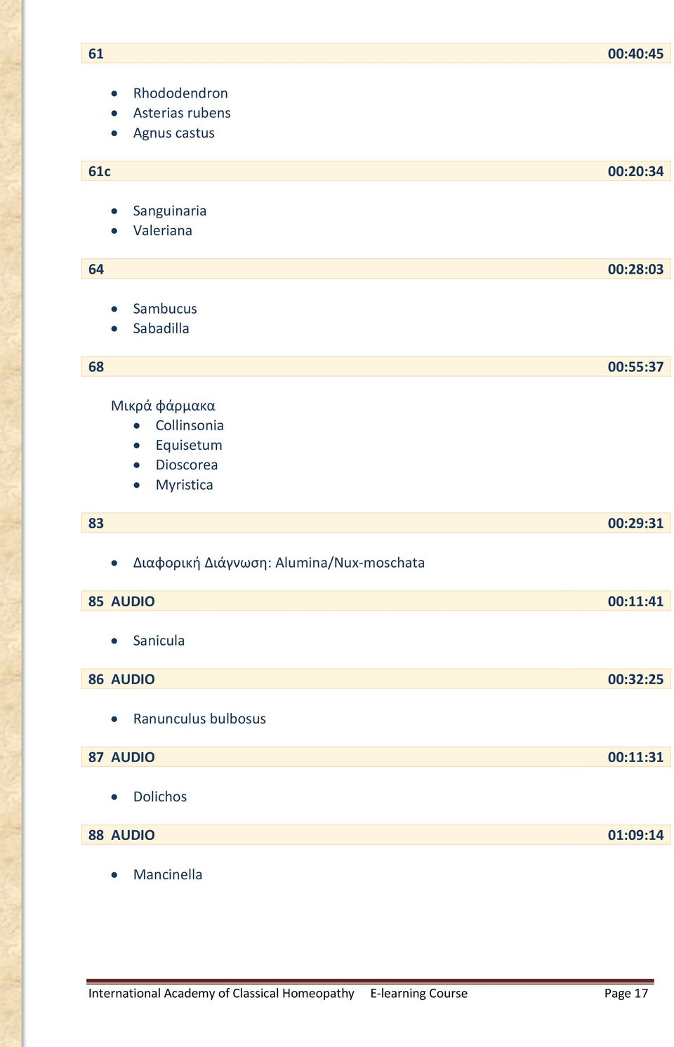 Διάγνωση: Alumina/Nux-moschata 85 AUDIO 00:11:41 Sanicula 86 AUDIO 00:32:25 Ranunculus bulbosus 87 AUDIO