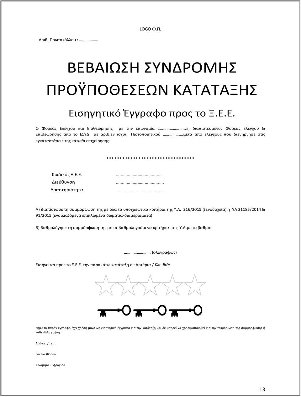 . Α) Διαπίστωσε τη συμμόρφωση της με όλα τα υποχρεωτικά κριτήρια της Υ.Α. 216/2015 (ξενοδοχεία) ή ΥΑ 21185/2014 & 91/2015 (ενοικιαζόμενα επιπλωμένα δωμάτια-διαμερίσματα) Β) Βαθμολόγησε τη συμμόρφωσή της με τα βαθμολογούμενα κριτήρια της Υ.