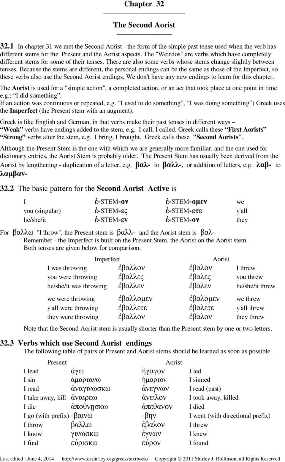 Because the stems are different, the personal endings can be the same as those of the Imperfect, so these verbs also use the Second Aorist endings.